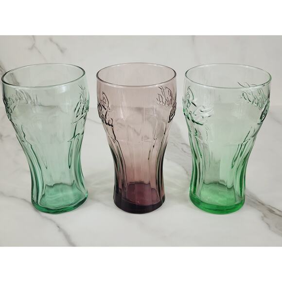 Coca Cola Libbey Drinking Glasses 17oz Embossed 6" Retro Glass Green Brown x3 - Picture 7 of 12
